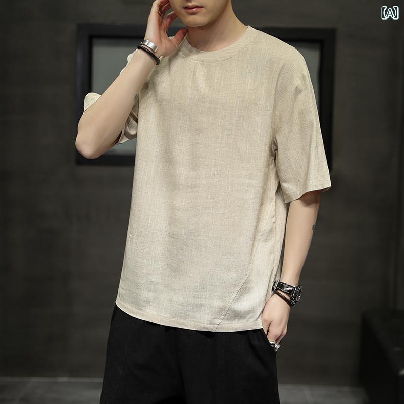 紳士服 カジュアル メンズ ダンディ ファッション 夏 薄手 涼しい 涼しい 無地 半袖 Tシャツ チャイナ風 綿 トップス 通気性 快適 快適 ラウンドネック 半袖 Tシャツ