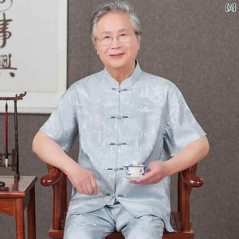紳士服 カジュアル メンズ ダンディ ファッション 唐 セットアップ 祖父 夏 半袖 セットアップ 服 チャイナ風 ひんやり 快適 お父さん シャツ