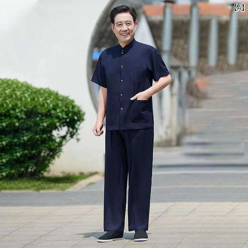 紳士服 カジュアル メンズ ダンディ ファッション お父さん 夏 セットアップ 唐 セットアップ 薄手 涼しい 涼しい 半袖 綿麻 シャツ 夏 服 カジュアル