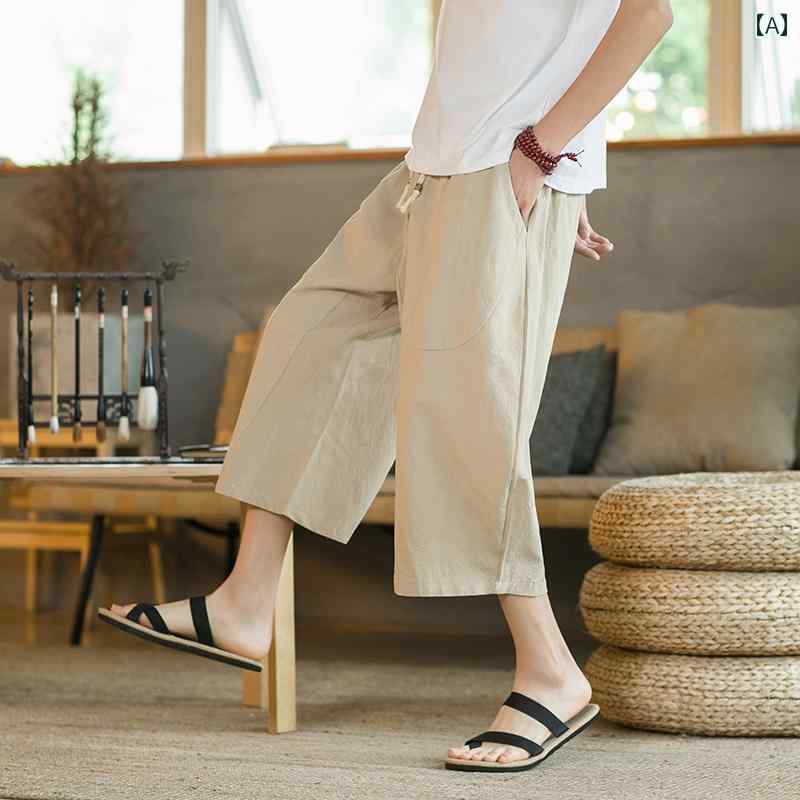 メンズ パンツ カジュアル ズボン おしゃれ トレンディ 大きめサイズ クロップド 薄手 涼しい 涼しい リネン 夏 カジュアル ビーチ コットンリネン ショート
