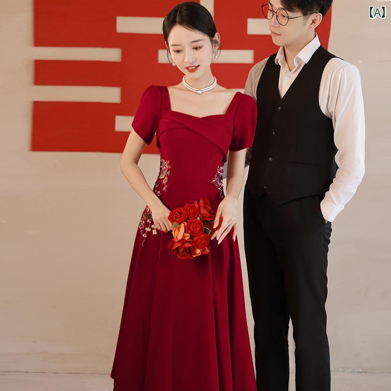 ドレス レディース 華やか 上品 エレガント パーティー 乾杯 服 花嫁 バーガンディィ 婚約 結婚式 感謝｜おうち健康生活