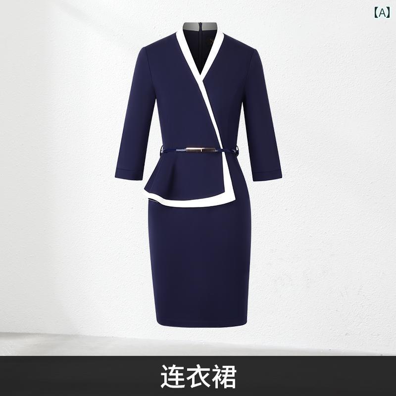 制服 接客業 オフィス 清楚 ビジネス ドレス 春秋 七分袖 フェイク セットアップ フリル ゴールド カウンター|おうち健康生活