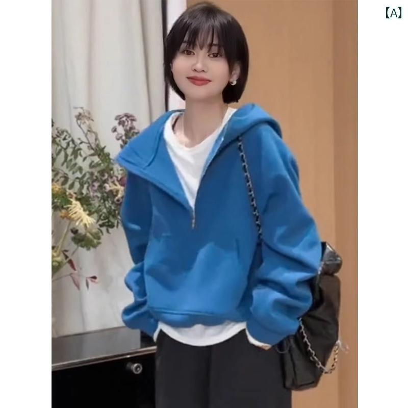レディース トップス 心地好い 今めかしい 青み ボンネット 薄っぺら 冷やりとした 冷やりとした 二分の一 ジップ トレーナー 烏兎 秋冬 起毛