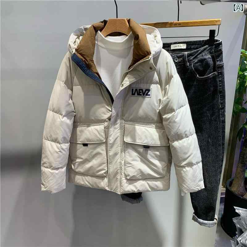 アウター メンズ カジュアル おしゃれ 冬 フード カラー ブロック ショート パン 綿 パッド入り トレンディ ファッション レター プリント コントラスト ワークウェア 綿 パッド入り