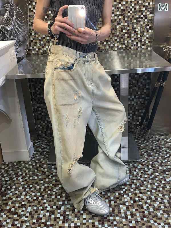 メンズ デニム パンツ カジュアル おしゃれ アメリカン レトロ ウォッシュ 加工 ダメージ 加工 施 ストレート レッグ ジーンズ ゆったり ドレープ 感 フロア レングス ワイドレッグ