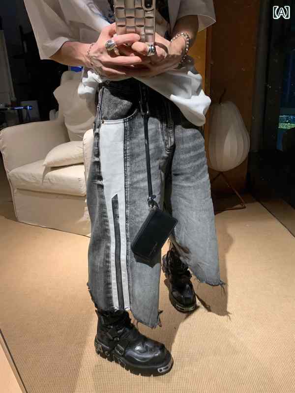 メンズ デニム パンツ カジュアル おしゃれ サイド パッチワーク ウォッシュド ブラック ロー エッジ ショート 夏 アメリカン ストリート ストレート クロップド トレンディ