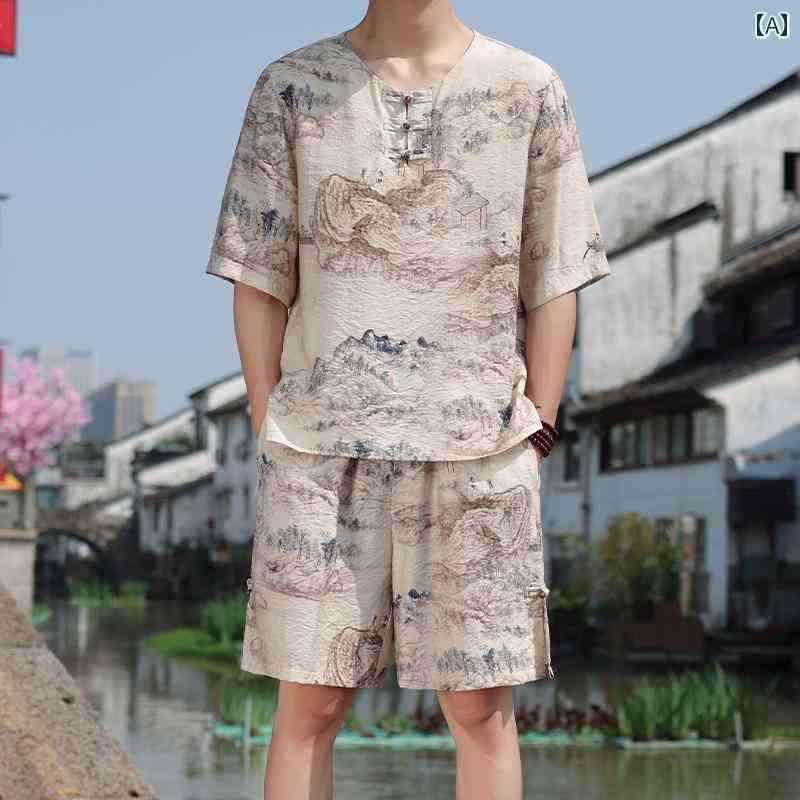 セットアップ メンズ 夏 半袖 心地好い 今めかしい 二分の一ズボン下 薄っぺら 冷やりとした 冷やりとした 瀬戸もの風 ひんやり 好いたらしい 刷り上げる バックル 唐 背広 半袖 プルオーバー 2点 仕掛ける