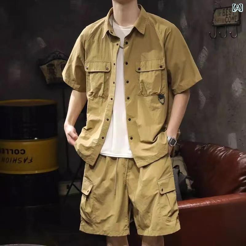 セットアップ メンズ 夏 半袖 カジュアル おしゃれ ハーフパンツ ファッション マルチ ポケット 半袖 シャツ 2点 セット トレンディ レトロ スーツ
