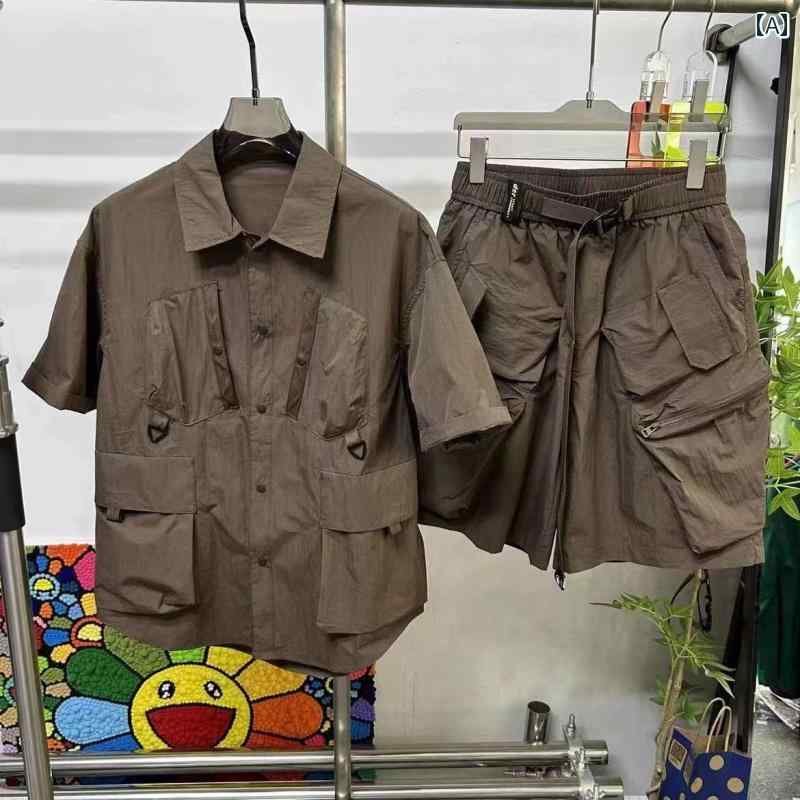 セットアップ メンズ 夏 半袖 カジュアル おしゃれ ハーフパンツ 薄手 涼しい 涼しい アメリカン 大きめ ポケット ワーク スーツ 半袖 速乾 スポーツ 2点 セット