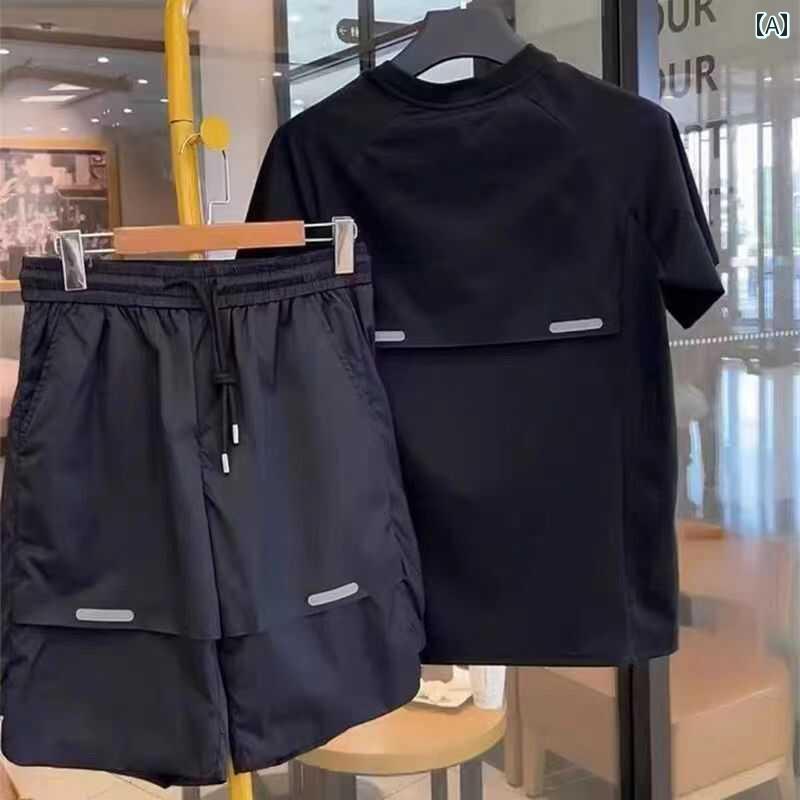 セットアップ メンズ 夏 半袖 カジュアル おしゃれ ハーフパンツ 半袖 2点 セット 通気性 快適 快適 穴 トレンド ストレッチ 速乾 スポーツ レジャー スーツ｜おうち健康生活