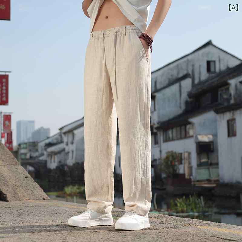 メンズ パンツ カジュアル ズボン おしゃれ リネン 夏 薄手 涼しい 涼しい 大きめサイズ ストレート チャイナ風 綿 リネン