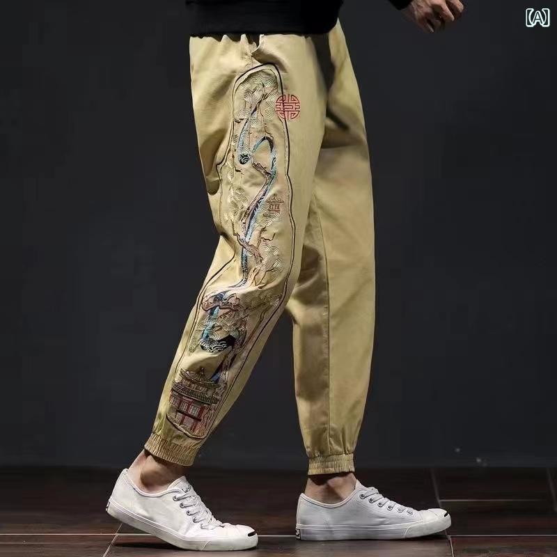 メンズ パンツ カジュアル ズボン おしゃれ トレンド 夏 九分丈 トレンド 刺繍 脚 細 スリムフィットハロー