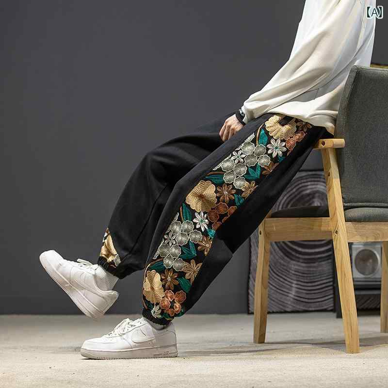 メンズ パンツ カジュアル ズボン おしゃれ 春秋 刺繍 レトロ レギンス トレンド ファッション チャイナ風 大きめサイズ