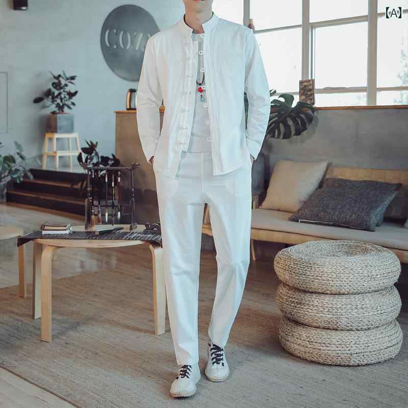 セットアップ メンズ おしゃれ ダンディ かっこいい ファッション チャイナ風 春秋 長袖 シャツ 中国 唐 レトロ プレート ボタン 綿 リネン 茶 瞑想｜おうち健康生活