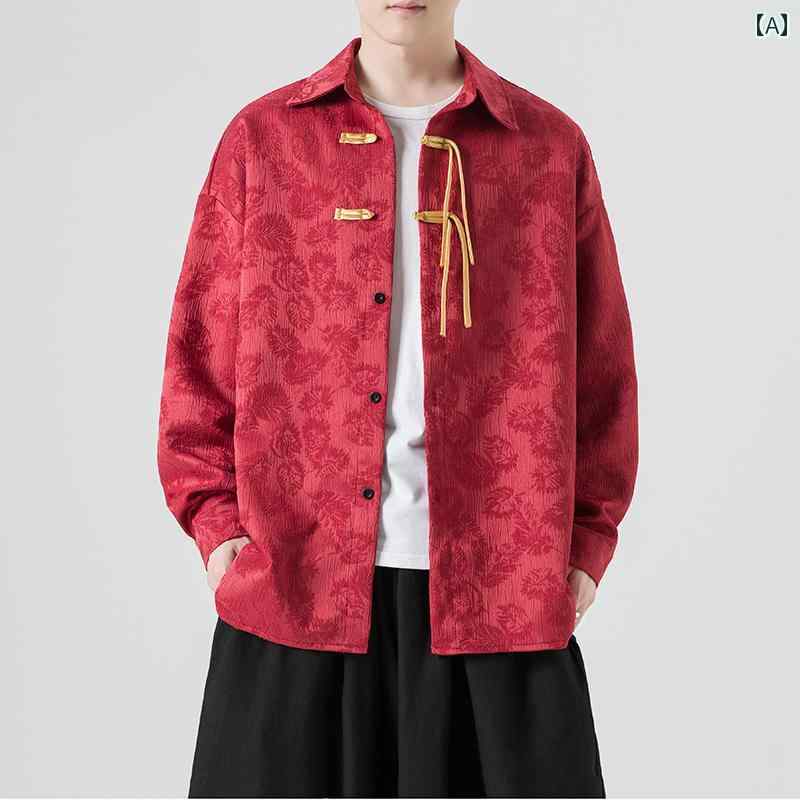 メンズ トップス カジュアル ファッション おしゃれ ジャカード 長袖 シャツ 唐 装 漢服 新 チャイナ風 春 レッド カジュアル シャツ 薄手 涼しい 涼しい ジャケット