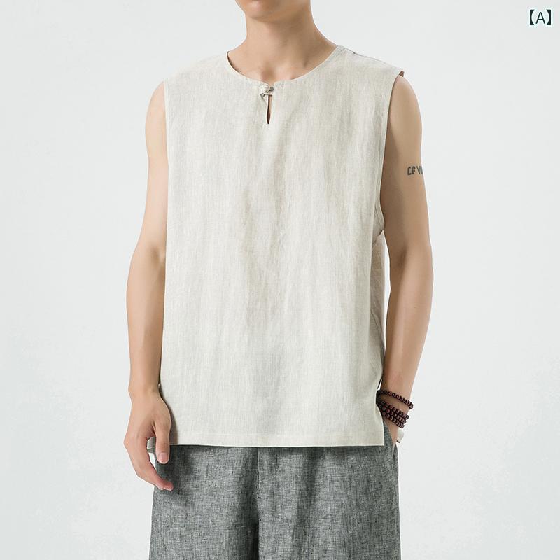 メンズ トップス おしゃれ カジュアル 100 リネン ベスト 夏 チャイナ風 ノースリーブベスト Tシャツ 通気性 快適 快適 レトロ 薄手 涼しい 涼しい 服