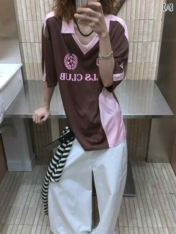 メンズ トップス おしゃれ カジュアル アメリカン レトロ スポーツ ジャージ コントラスト レター プリント 半袖 Tシャツ レディース ゆったり トレンディ