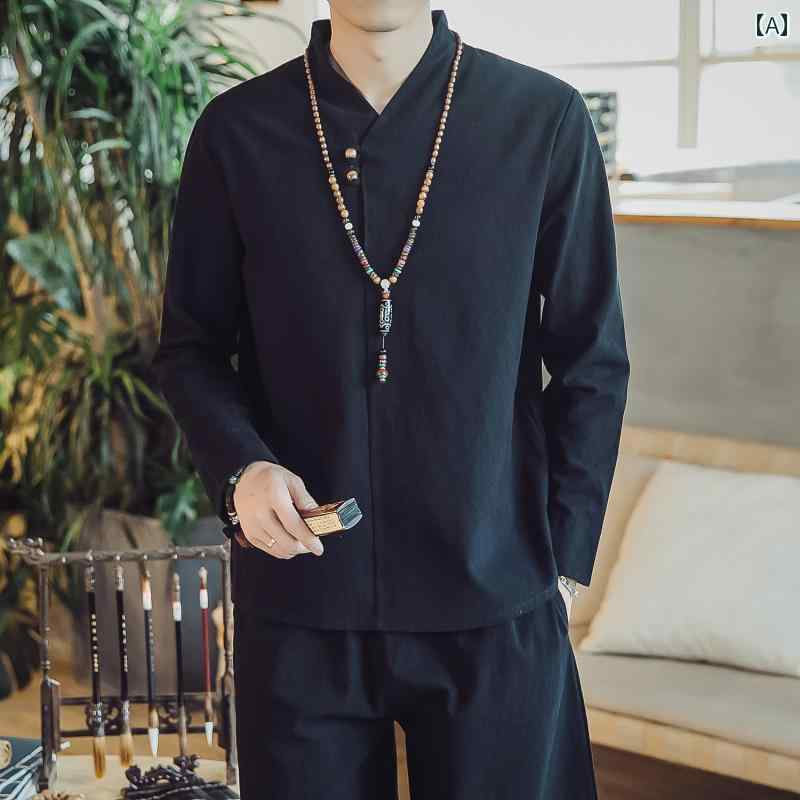 メンズ トップス おしゃれ カジュアル チャイナ風 綿 リネン 瞑想 服 春 仏教 レトロ 長袖 Tシャツ 瞑想 服 茶道 セットアップ