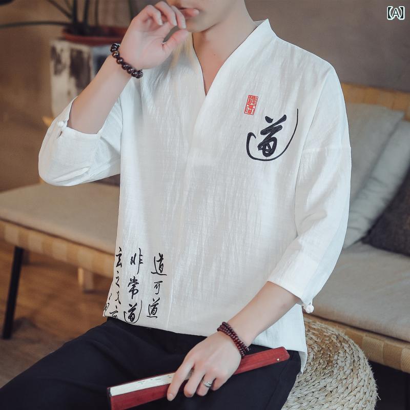 メンズ トップス おしゃれ カジュアル 七分袖 Tシャツ チャイナ風 レトロ 漢服 半袖 道教 セットアップ 刺繍 綿 リネン スリーブ 瞑想 セットアップ ティー