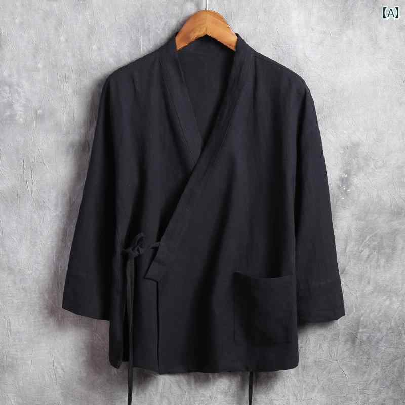 メンズ トップス おしゃれ カジュアル チャイナ風 リネン 漢服 レトロ チャイナ風 斜め 胸 道教 ローブ 長袖 レトロ 衣装 在ホーム ウェア 瞑想 服