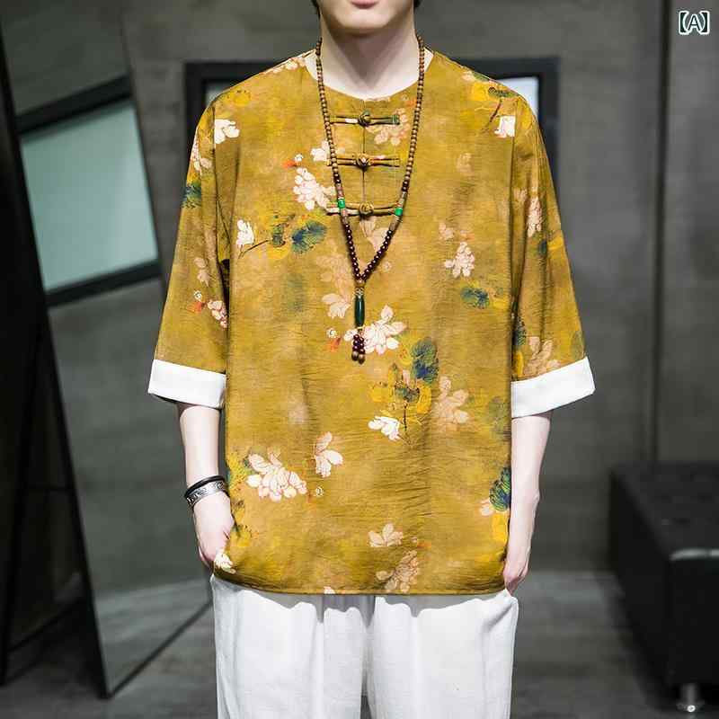 メンズ トップス おしゃれ カジュアル チャイナ風 夏 薄手 涼しい 涼しい ひんやり 快適 半袖 Tシャツ ボタン ダウン 唐 トレンディ レトロ プリント 半袖