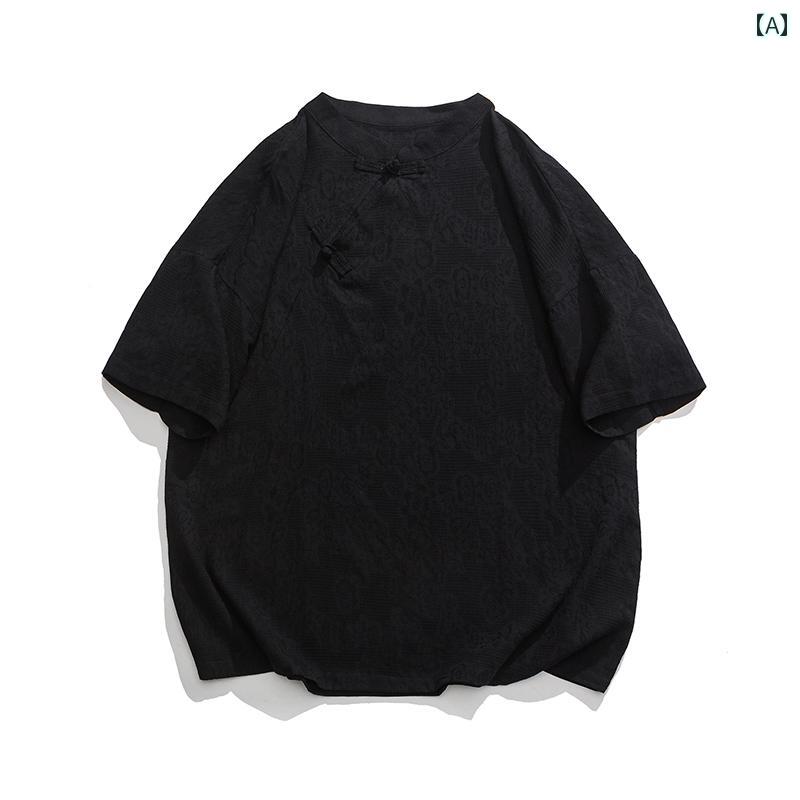 メンズ ファッション カジュアル おしゃれ チャイナ風 半袖 Tシャツ 夏 チャイナ風 ジャカード ボタン スタンドカラー 漢服 レトロ 衣装 服