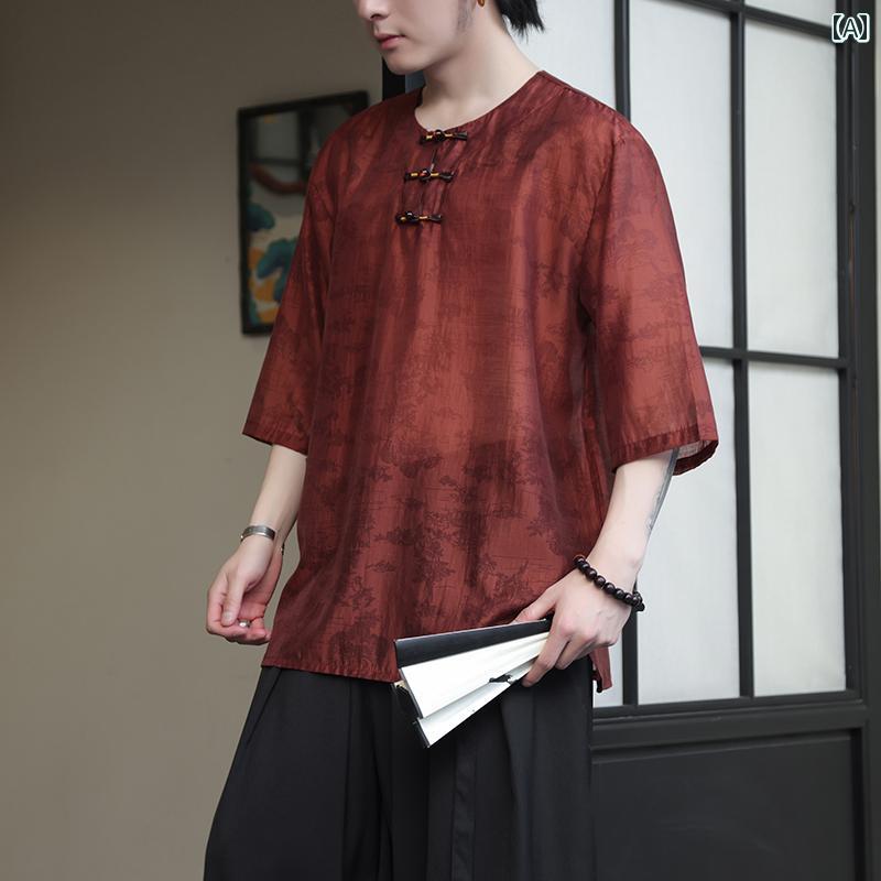 メンズ ファッション カジュアル おしゃれ 夏 薄手 涼しい 涼しい 半袖 Tシャツ 新 半袖 Tシャツ チャイナ風 レトロ チャイナ風 唐 装 漢服