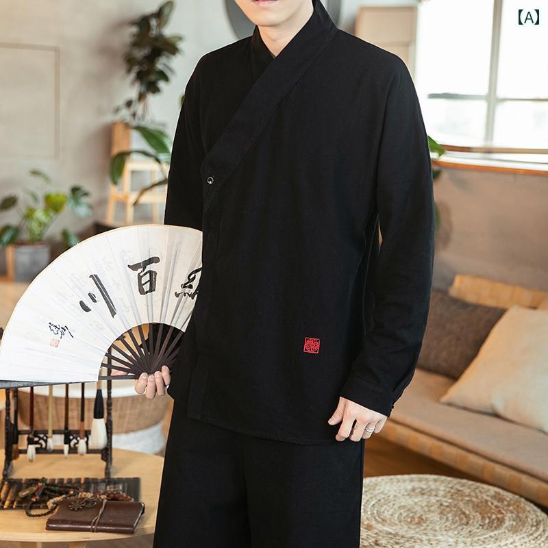 メンズ ファッション カジュアル おしゃれ チャイナ風 クロス カラー 漢服 セットアップ 瞑想 レトロ 中国 綿麻 長袖 シャツ トレンド トレンド