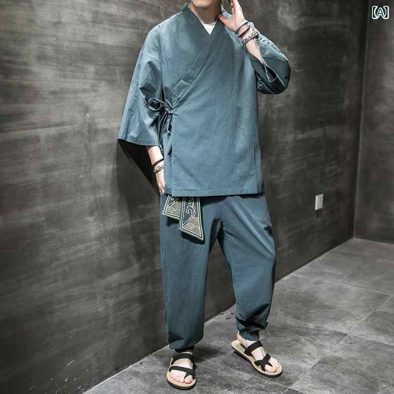 メンズ 流行り物 心地好い 今めかしい 漢服 綿 リネン セットアップ 瀬戸もの風 成人男性服 レトロ 御召しもの 瀬戸もの風 服 思い入れる 服 茶師服 夏