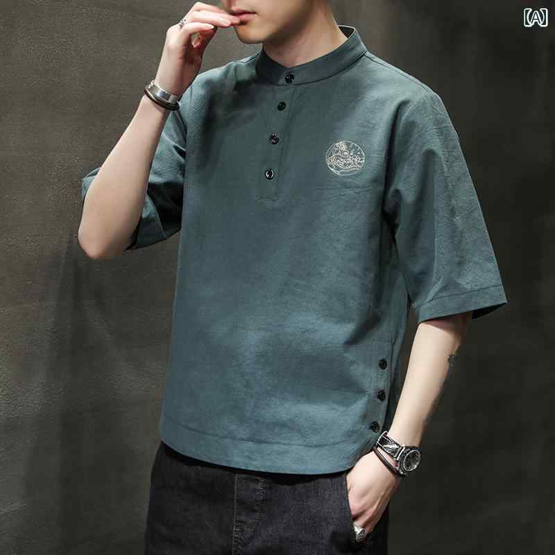 メンズ ファッション カジュアル おしゃれ チャイナ風 刺繍 リネン 半袖 Tシャツ トレンディ レトロ 綿 リネン 半袖 薄手 涼しい 涼しい 通気性 快適 快適 夏 服