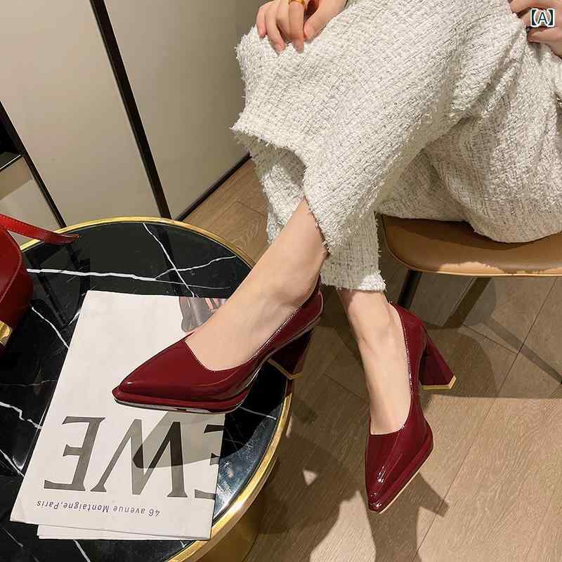 ハイヒール レディース パンプス 美脚 厚 ブルゴーニュ 太ヒール 歩きやい チャンキー 新 パテントレザー 防水 靴 チャイナ 着 結婚式 靴 花嫁 靴|おうち健康生活