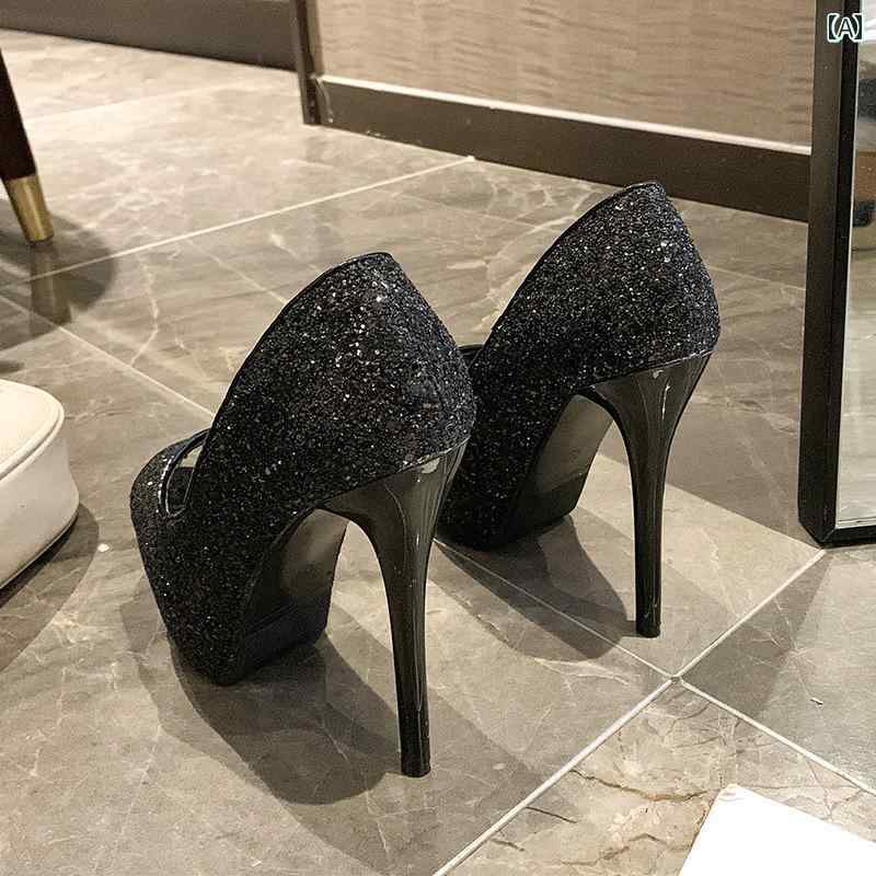 ハイヒール レディース パンプス 美脚 厚 シングル シューズ スティレット ヒール 14 cm キャバ 防水 靴 セクシー ガール 12 cm スパンコール キラキラ キラキラ フィッシュ マウス シューズ