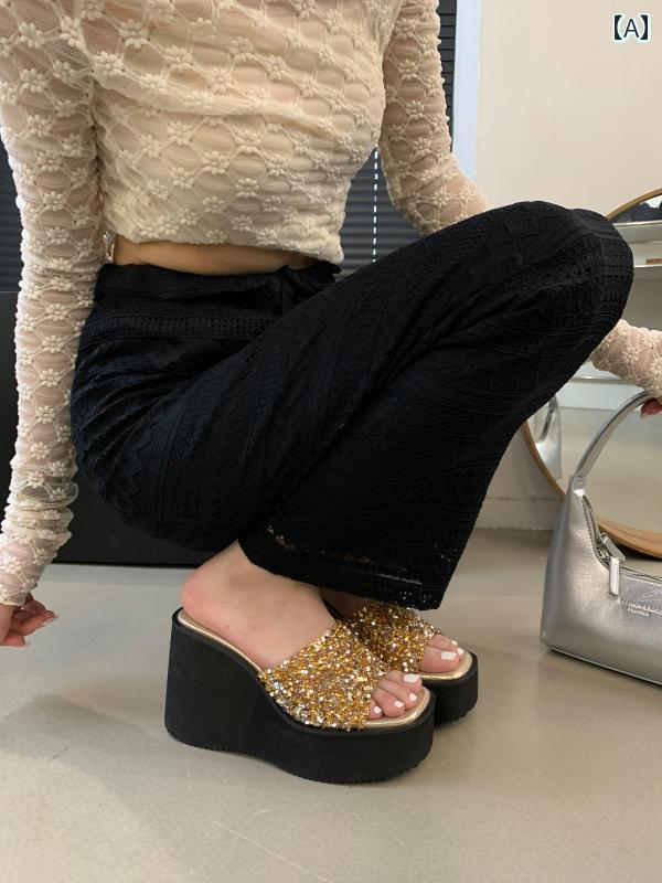 ハイヒール レディース パンプス 美脚 厚 夏 厚 ウェッジ ソール サンダル ファッション ラインストーン 10 cm 防水 靴 ビーチ サンダル 屋外着