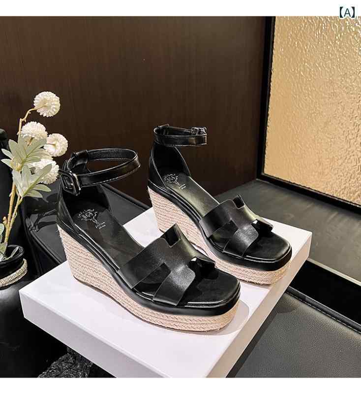 ハイヒール レディース パンプス 美脚 厚 ウェッジ 夏 わら 厚手 防水 高さ ワン ライン バックル サンダル