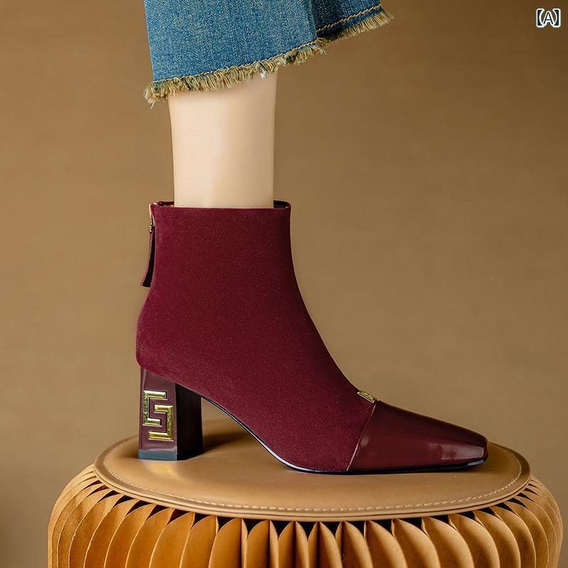 ブーツ レディース ハイヒール 厚 美脚 冬 ウェディングシューズ ウェディング 太ヒール 歩きやい チャンキー スクエアトゥ バーガンディィ 起毛 ショート ウェディングドレス スーツ