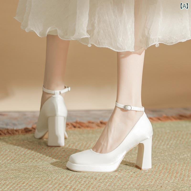 踵 レディース パンプス 美脚 白 ハイヒール シューズ 太踵 繰出しやい チャン手がかり 小さめ メリージェーン 繻子 スクエアトゥ 華燭の典 シューズ 華燭の典シューズ 華燭の典シューズ