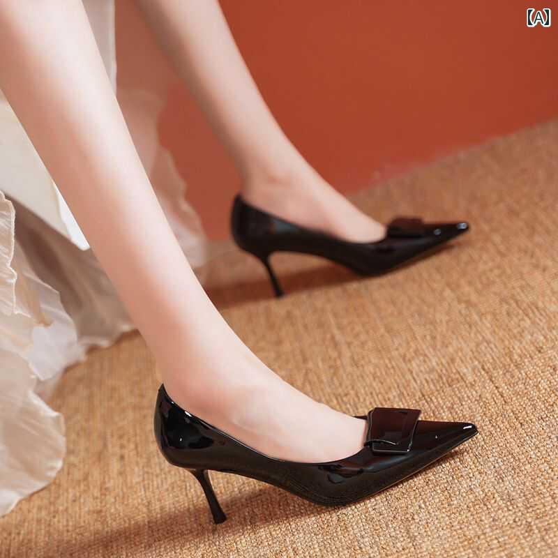 踵 レディース パンプス 美脚 フレンチ ポインテッドトゥ 真四角バックル ハイヒール 秋 引き付ける 専売特許なめし革 無地 流行り物 シューズ