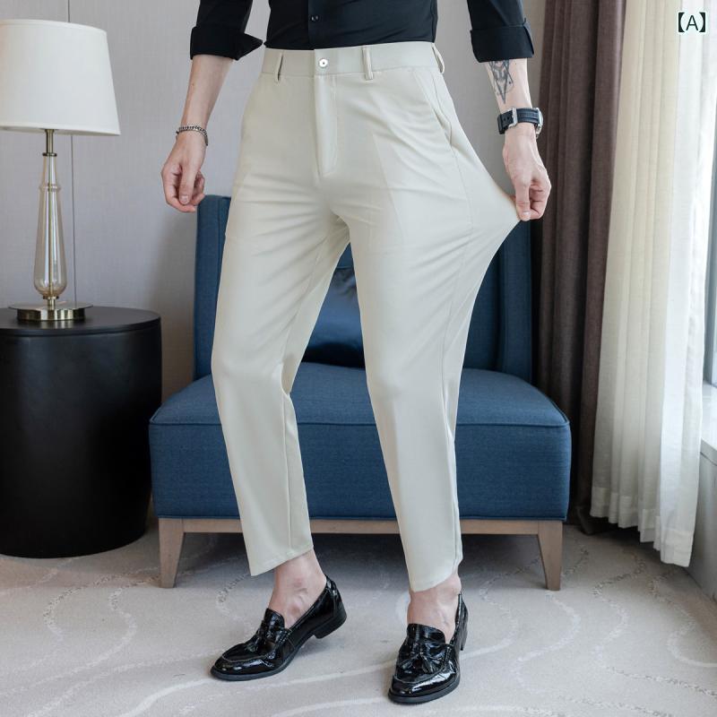メンズ パンツ オフィス ビジネス カジュアル ダンディ 夏高 ストレッチ ひんやり 快適 薄手 涼しい 涼しい 九分丈 ズボン スリム ストレート ストレート ドレープ