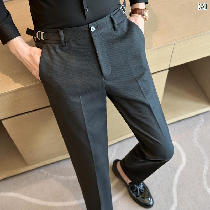 メンズ パンツ オフィス ビジネス カジュアル ダンディ ウール 秋冬 厚手 ダーク ストライプ スリム ストレート ウール