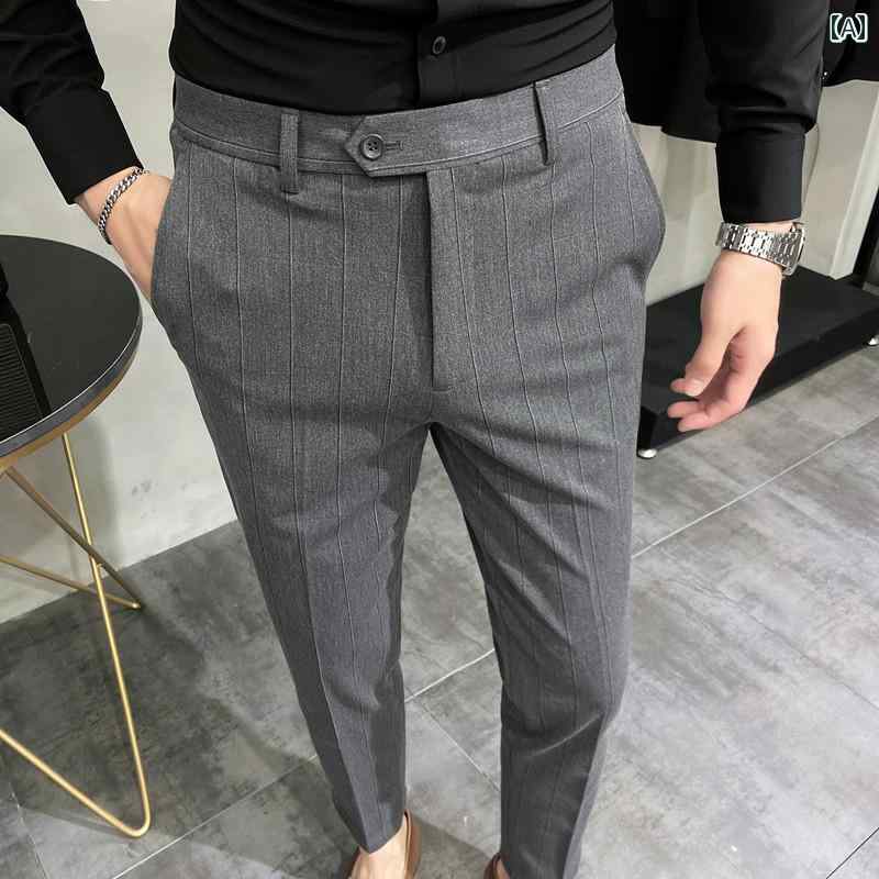 メンズ パンツ オフィス ビジネス カジュアル ダンディ 春秋 ストライプ スリム ストレート 大きめサイズ 英国