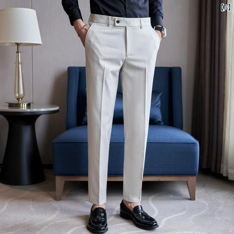 メンズ パンツ オフィス ビジネス カジュアル ダンディ 春秋 白 ストライプ スリム トレンド ドレープ 秋冬 6,181円