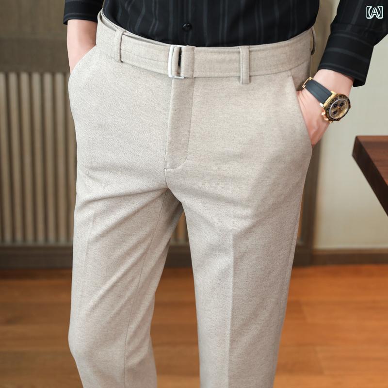 メンズ パンツ オフィス ビジネス カジュアル ダンディ ウール 秋冬 ベルト 起毛 ストレート スリムフィット