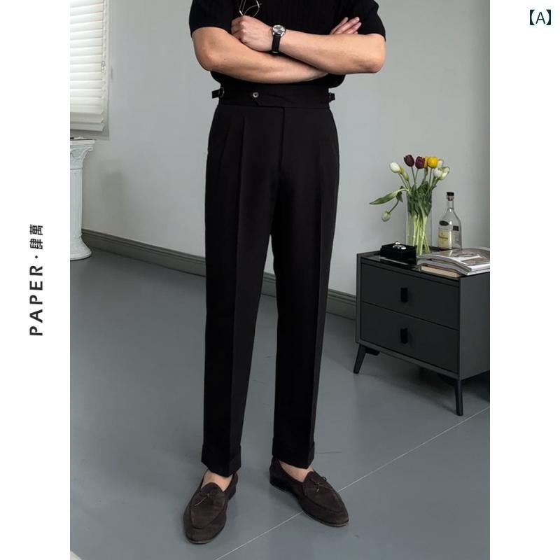 メンズ パンツ オフィス ビジネス カジュアル ダンディ 普段使い 通勤に 最適 黒 ネープル ズ ハイウエスト スリム 春夏 薄手 涼しい 涼しい ストレート｜おうち健康生活