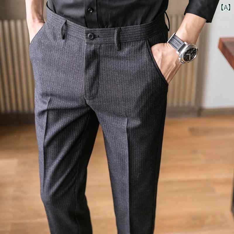 メンズ パンツ オフィス ビジネス カジュアル ダンディ 春秋 ストライプ 韓国 トレンディ スリム パイント ストレート 6,413円