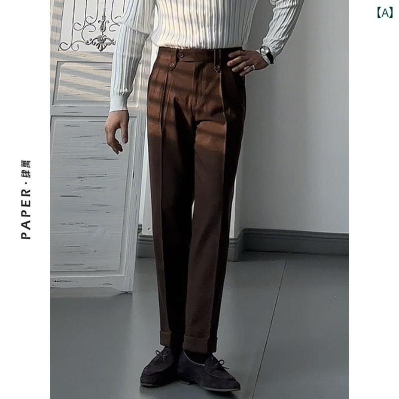 メンズ パンツ オフィス ビジネス カジュアル ダンディ レトロ ブラウン 秋冬 厚手 スリム ストレート デイリー|おうち健康生活