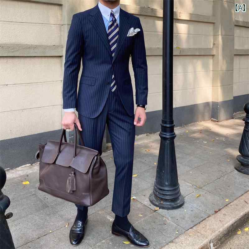 スーツ メンズ ビジネス オフィス ダンディ フォーマル 英国 スリム ストライプセットアップ ナポリ イタリア スリム｜おうち健康生活