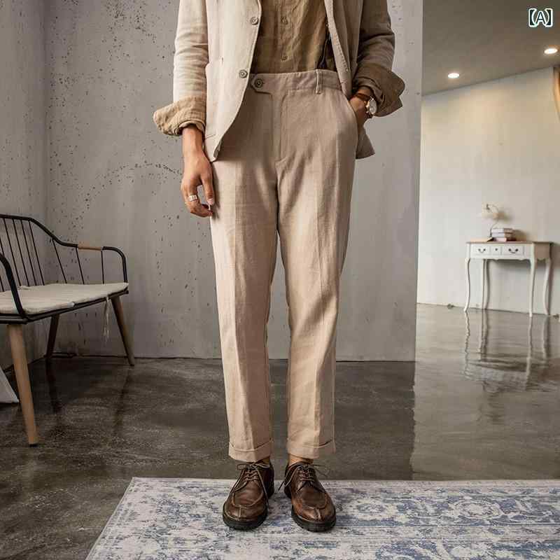 メンズ パンツ オフィス ビジネス カジュアル ダンディ 春夏 レトロ ナポリ スリム リネン 九分丈 ヤッピー 薄手 涼しい 涼しい ズボン トレンディ