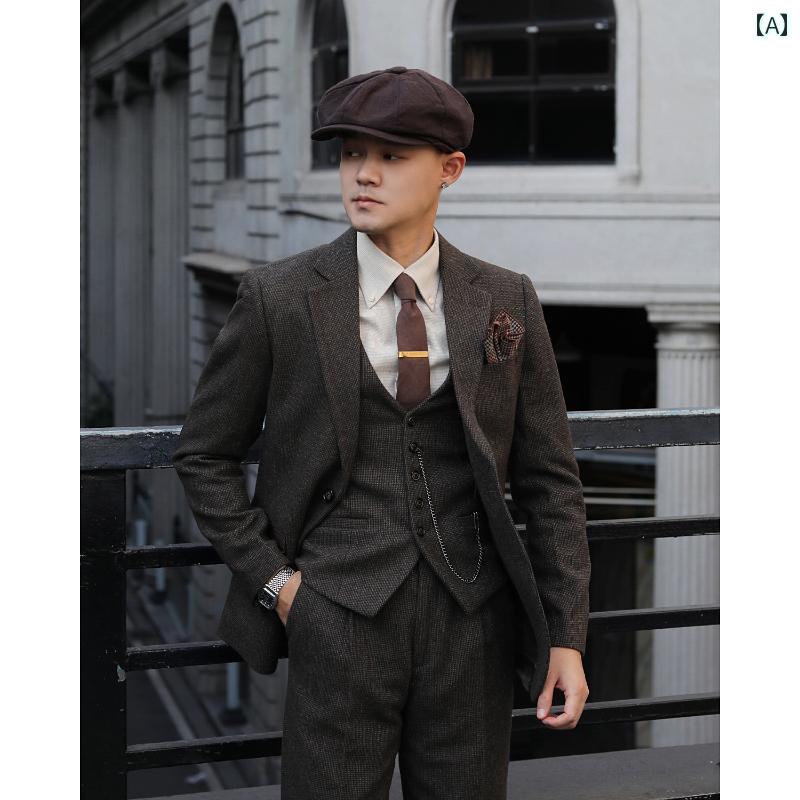 スーツ メンズ ビジネス オフィス ダンディ フォーマル 英国 レトロ スリム フィット 結婚式 新郎 小さめ チェック ウール ツイード 3点