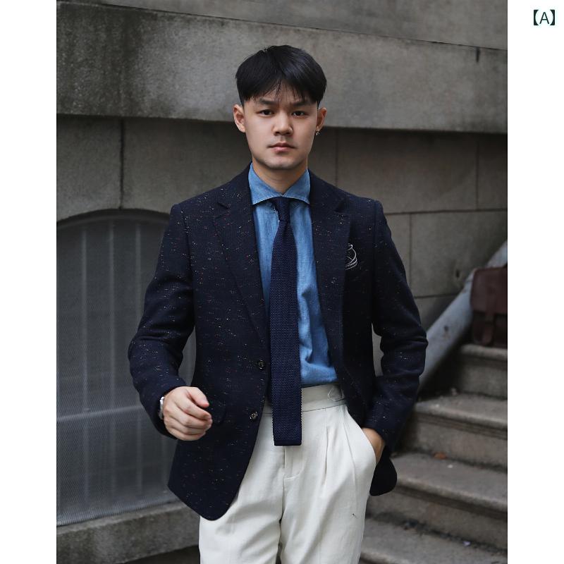 ジャケット メンズ ダンディ かっこいい おしゃれ 精巧 カラフルドット フレンチ ヘリンボーン 柄 英国 ヴィンテージ風風 ウール スリムフィット ウールツイード 厚手