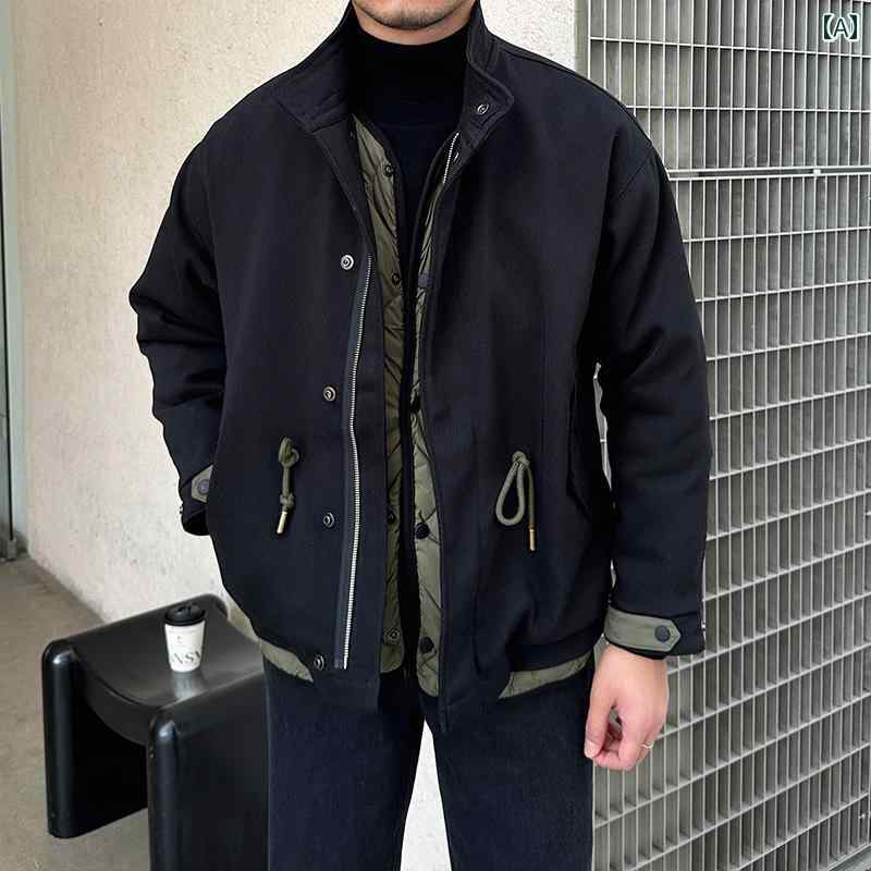 アウター メンズ カジュアル おしゃれ ダンディ レトロ フェイク セットアップ ショート ダウン ジャケット 厚手 暖かい 冬 パーカー ジャケット トレンディ